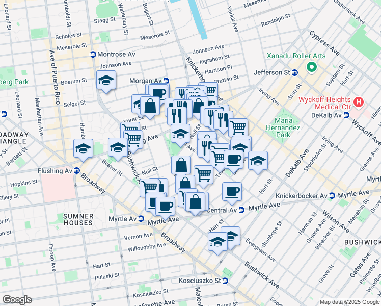 map of restaurants, bars, coffee shops, grocery stores, and more near 31 George Street in Brooklyn