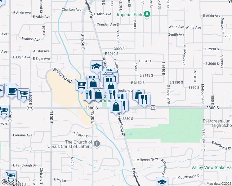 map of restaurants, bars, coffee shops, grocery stores, and more near 3213 South Highland Drive in Millcreek