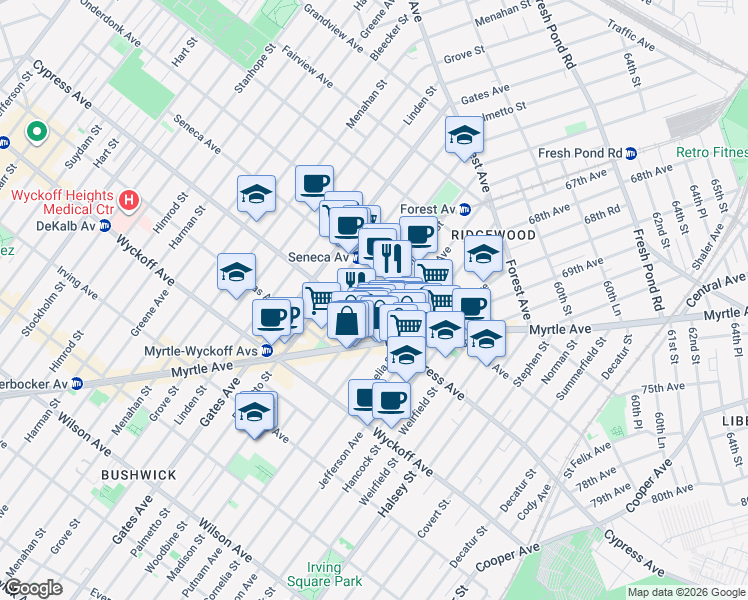 map of restaurants, bars, coffee shops, grocery stores, and more near in Queens