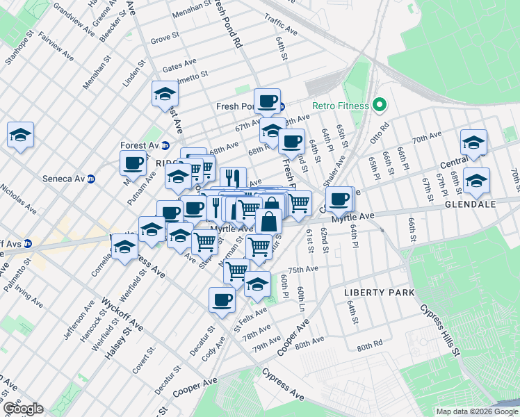 map of restaurants, bars, coffee shops, grocery stores, and more near 60-26 71st Avenue in Queens
