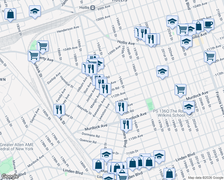 map of restaurants, bars, coffee shops, grocery stores, and more near 111-53 Farmers Boulevard in Queens