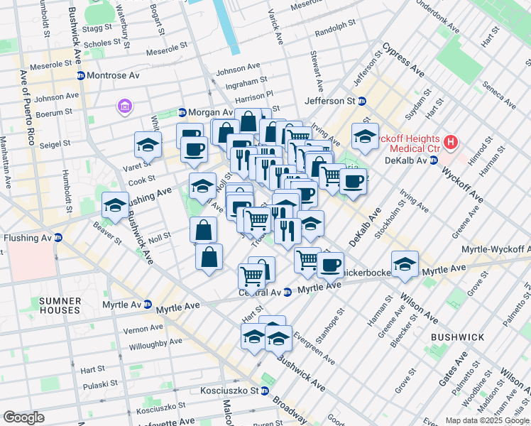 map of restaurants, bars, coffee shops, grocery stores, and more near 174 Jefferson Street in Brooklyn