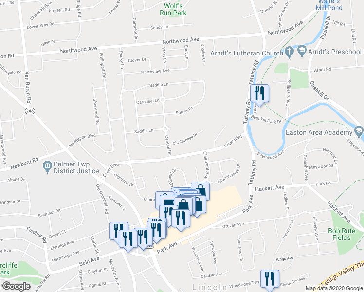 map of restaurants, bars, coffee shops, grocery stores, and more near 3160 Old Carriage Drive in Easton