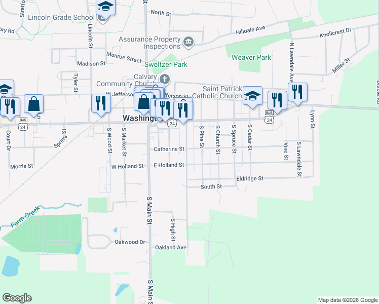 map of restaurants, bars, coffee shops, grocery stores, and more near 201 South Elm Street in Washington