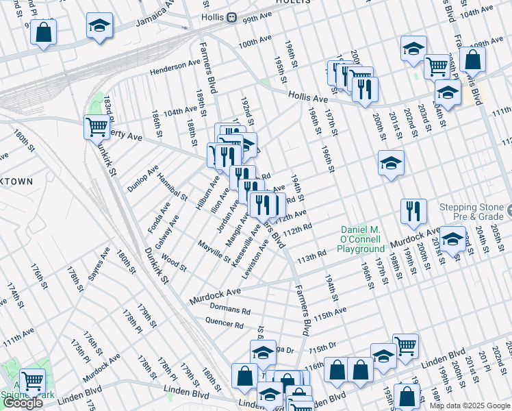 map of restaurants, bars, coffee shops, grocery stores, and more near 189-25 Mangin Avenue in Queens