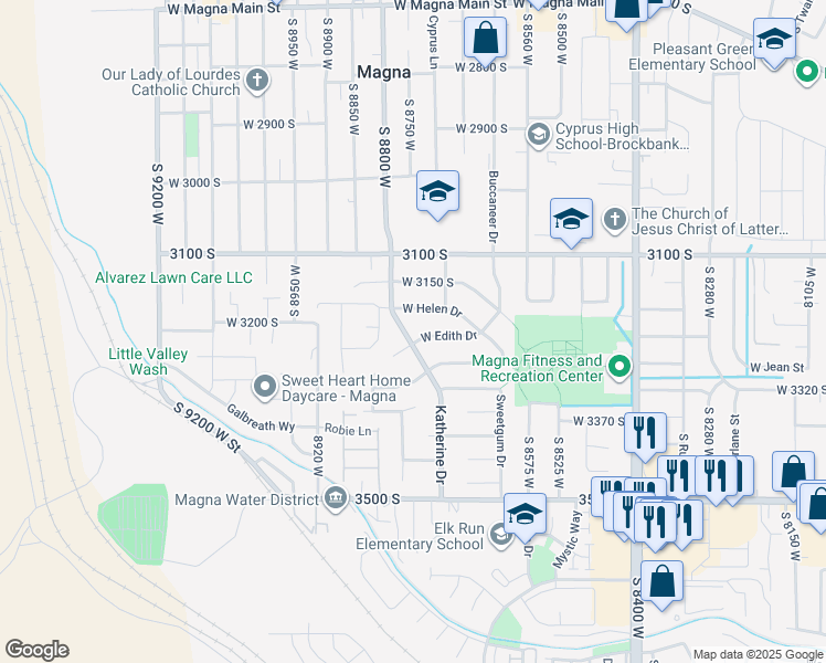 map of restaurants, bars, coffee shops, grocery stores, and more near 3231 South Katherine Drive in Magna