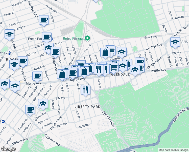 map of restaurants, bars, coffee shops, grocery stores, and more near 65-58 Myrtle Avenue in Queens