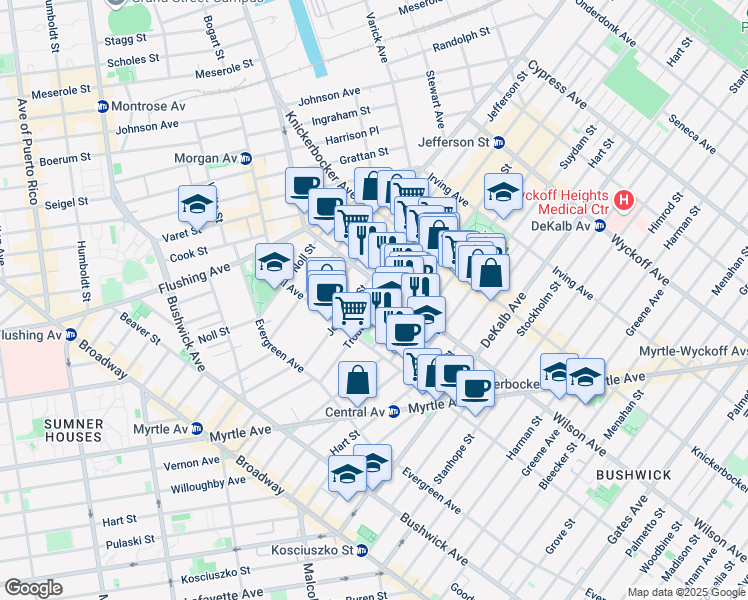map of restaurants, bars, coffee shops, grocery stores, and more near 35 Starr Street in Brooklyn