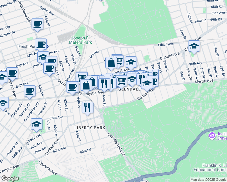 map of restaurants, bars, coffee shops, grocery stores, and more near Myrtle Avenue & 67th Street in Queens