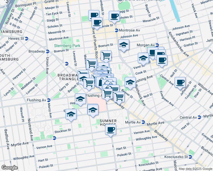 map of restaurants, bars, coffee shops, grocery stores, and more near 40 Debevoise Street in Brooklyn