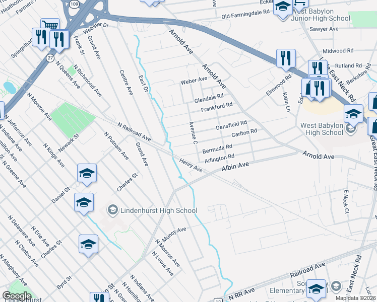 map of restaurants, bars, coffee shops, grocery stores, and more near 828 Bermuda Road in West Babylon