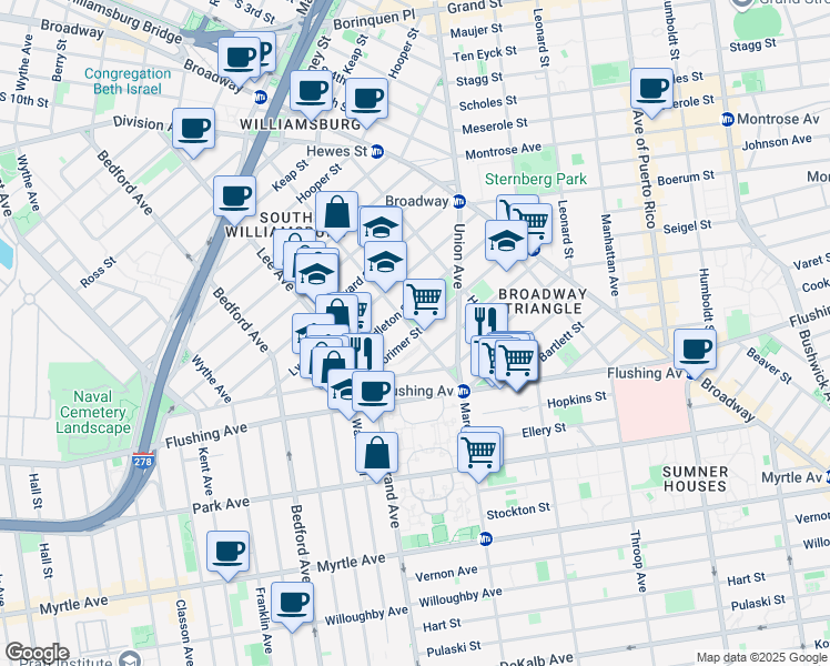 map of restaurants, bars, coffee shops, grocery stores, and more near Marcy Ave & Lorimer St in Brooklyn