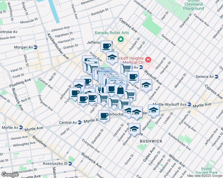map of restaurants, bars, coffee shops, grocery stores, and more near 342 Knickerbocker Avenue in Brooklyn