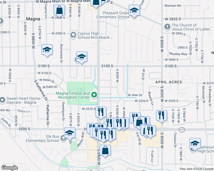 map of restaurants, bars, coffee shops, grocery stores, and more near 8348 West Powell Avenue in Magna