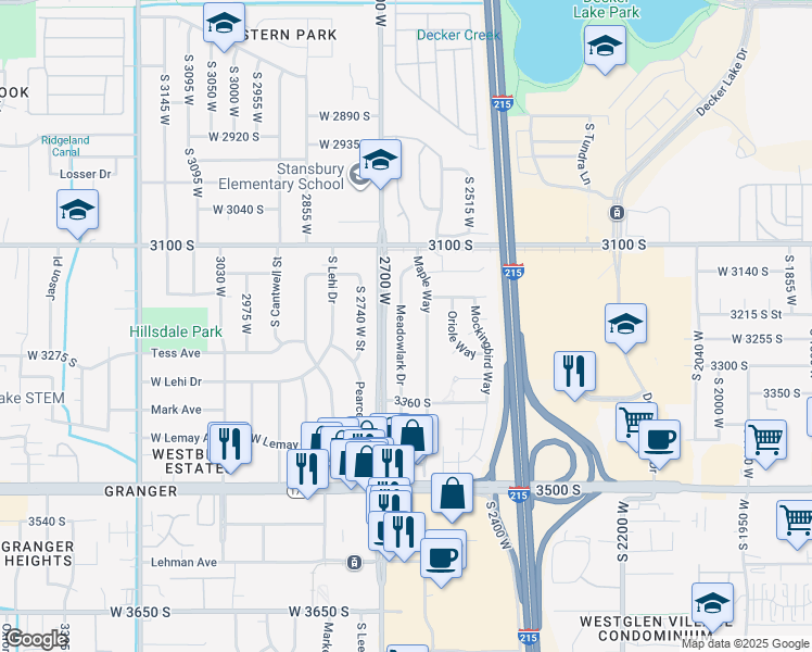 map of restaurants, bars, coffee shops, grocery stores, and more near 3235 Meadow Lark Drive in West Valley City