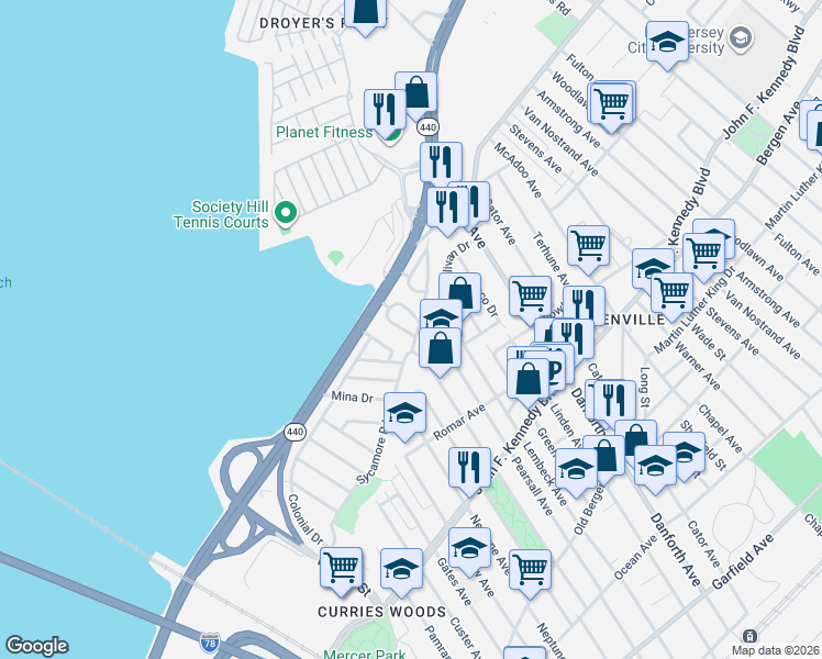 map of restaurants, bars, coffee shops, grocery stores, and more near 6 Suburbia Drive in Jersey City
