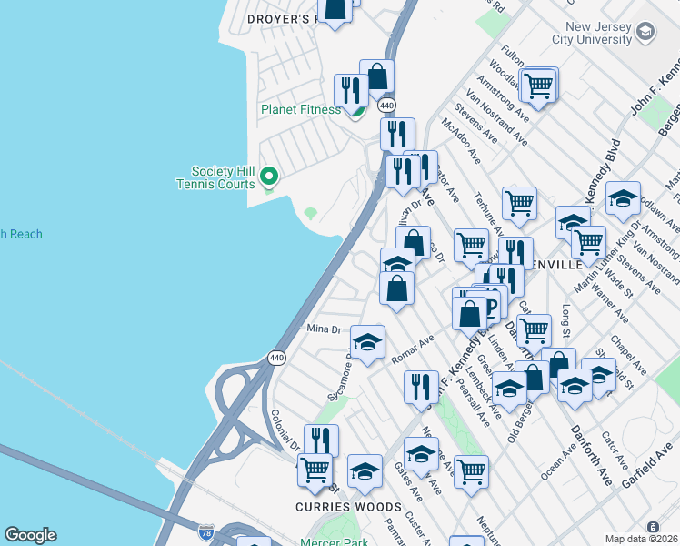 map of restaurants, bars, coffee shops, grocery stores, and more near 14 Pinecrest Road in Jersey City