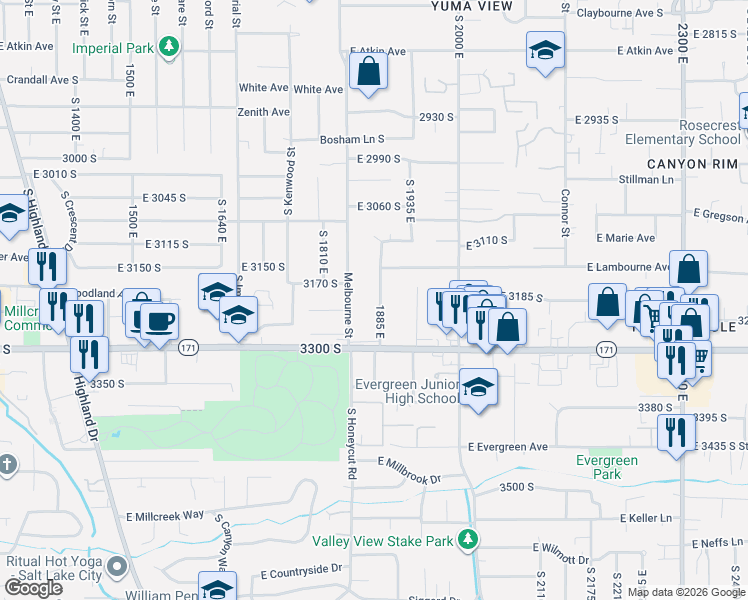 map of restaurants, bars, coffee shops, grocery stores, and more near 3196 South 1855 East in Holladay