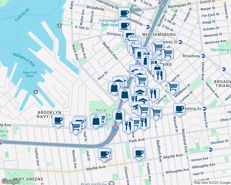 map of restaurants, bars, coffee shops, grocery stores, and more near 26 Hooper Street in Brooklyn