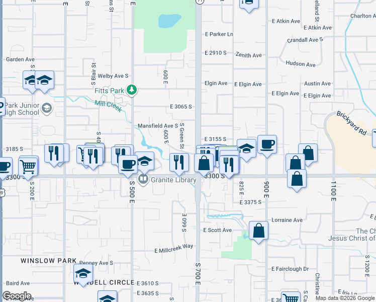 map of restaurants, bars, coffee shops, grocery stores, and more near 3200 South 700 East in South Salt Lake