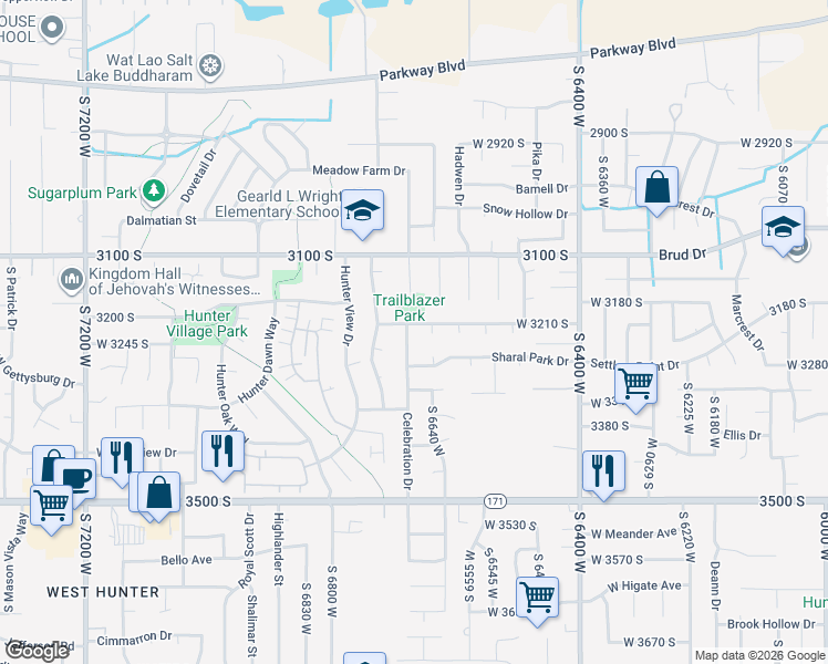 map of restaurants, bars, coffee shops, grocery stores, and more near 3258 Sharal Park Circle in West Valley City