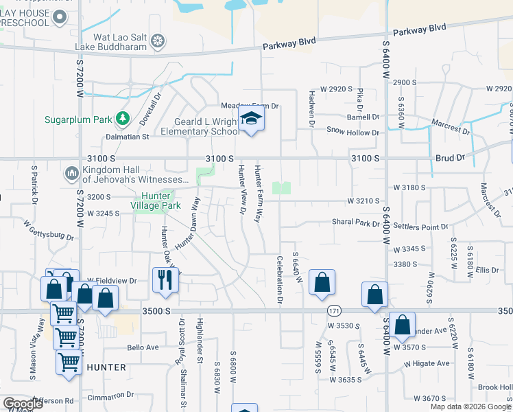 map of restaurants, bars, coffee shops, grocery stores, and more near 6726 Hunter Farm Circle in West Valley City