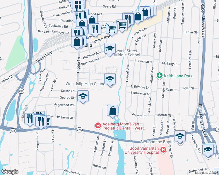 map of restaurants, bars, coffee shops, grocery stores, and more near 1 Lions Path in West Islip
