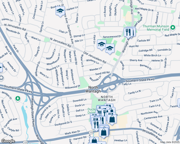 map of restaurants, bars, coffee shops, grocery stores, and more near 559 Sand Hill Road in Wantagh