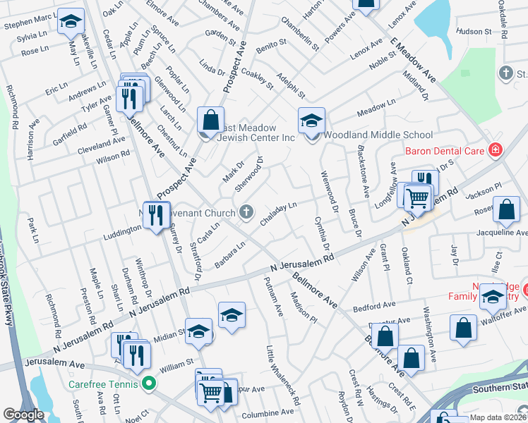 map of restaurants, bars, coffee shops, grocery stores, and more near 1707 Chaladay Lane in East Meadow
