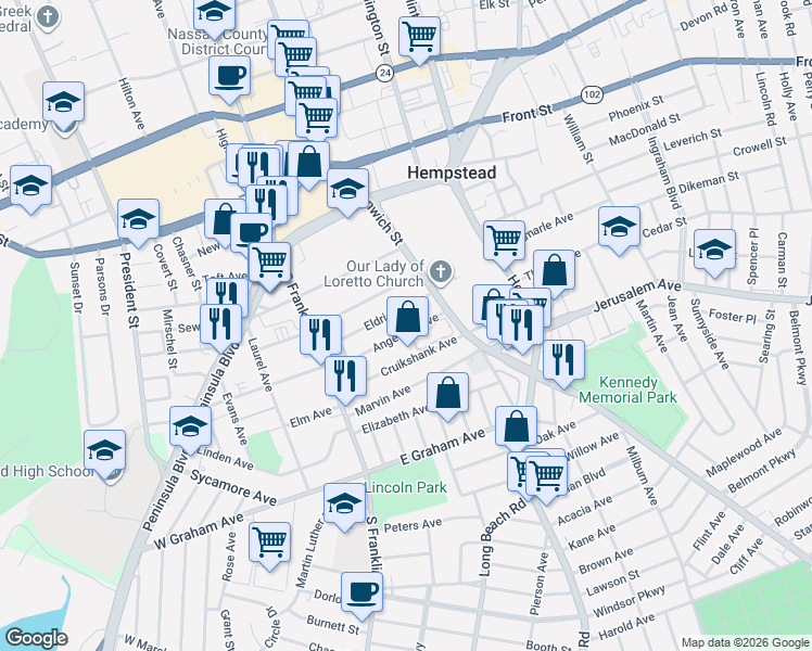map of restaurants, bars, coffee shops, grocery stores, and more near 155 Greenwich Street in Hempstead