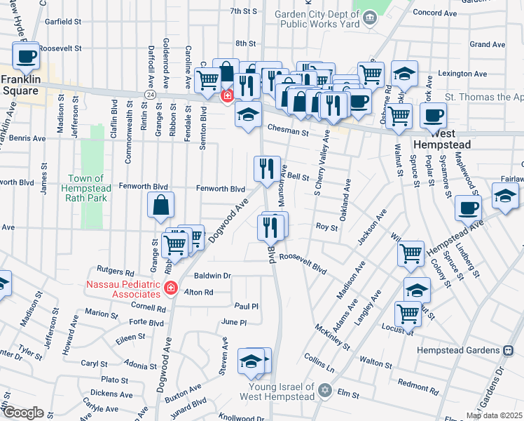map of restaurants, bars, coffee shops, grocery stores, and more near 193 Nassau Boulevard in West Hempstead