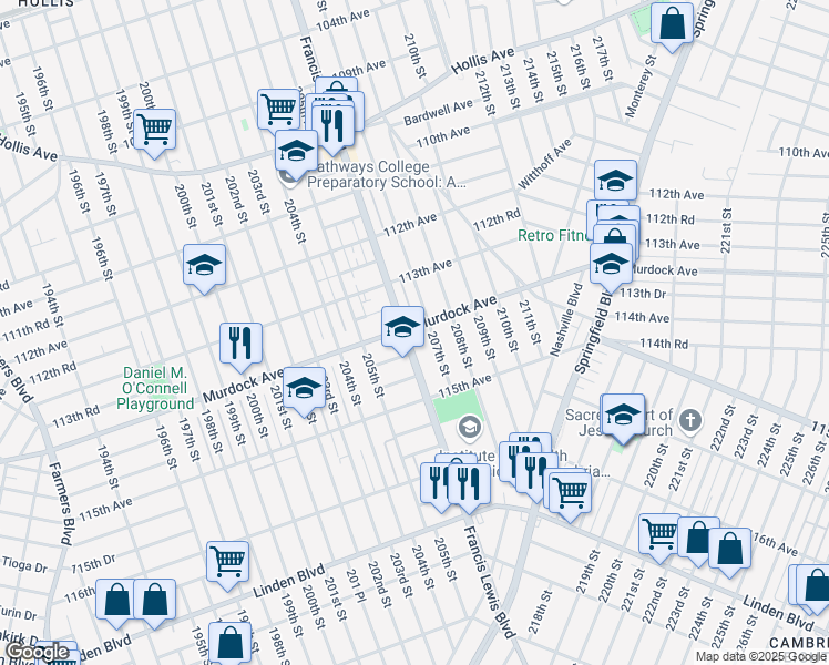 map of restaurants, bars, coffee shops, grocery stores, and more near 114-28 207th Street in Queens
