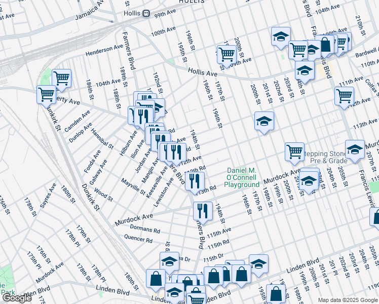 map of restaurants, bars, coffee shops, grocery stores, and more near 190-45 112th Avenue in Queens