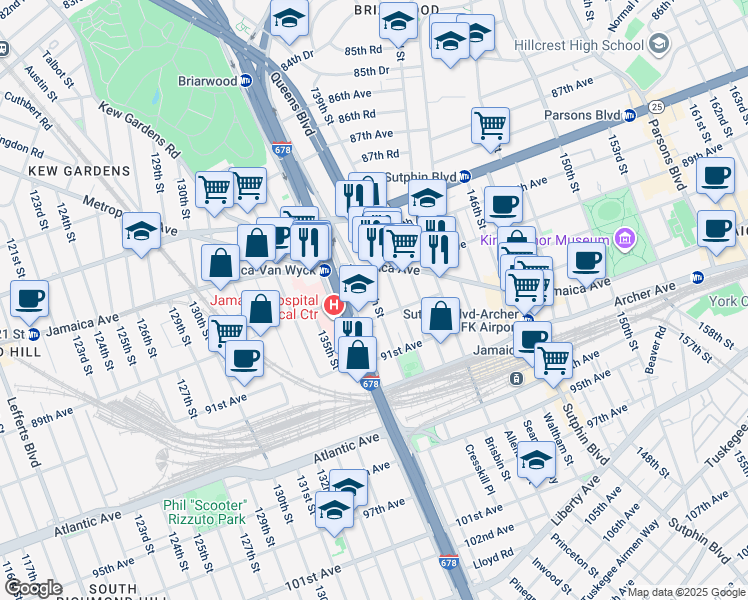 map of restaurants, bars, coffee shops, grocery stores, and more near 137-11 90th Avenue in Queens