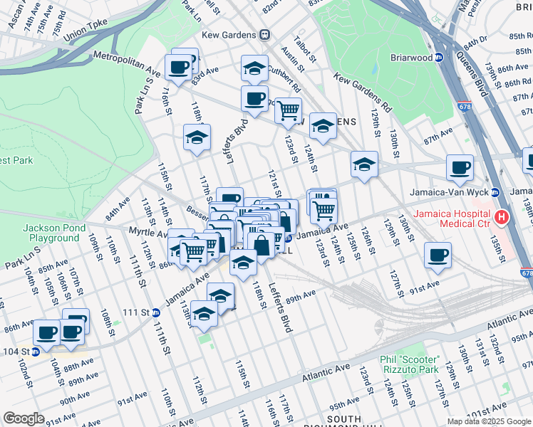 map of restaurants, bars, coffee shops, grocery stores, and more near 86-21 120th Street in Queens