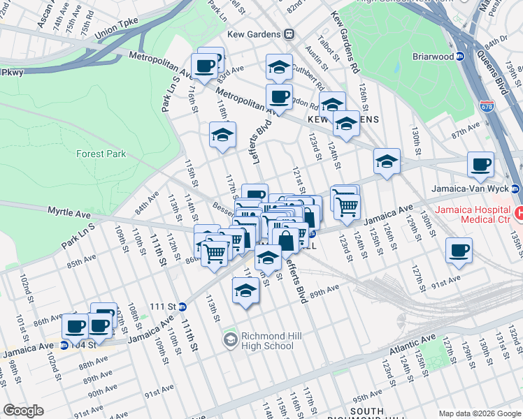 map of restaurants, bars, coffee shops, grocery stores, and more near 118-14 Hillside Avenue in Queens