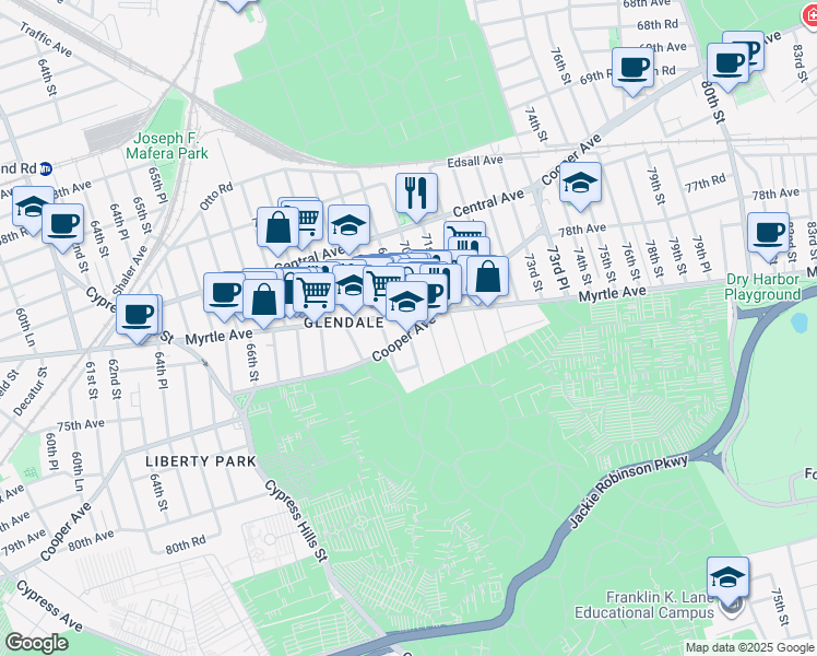 map of restaurants, bars, coffee shops, grocery stores, and more near 73-20 70th Street in Queens