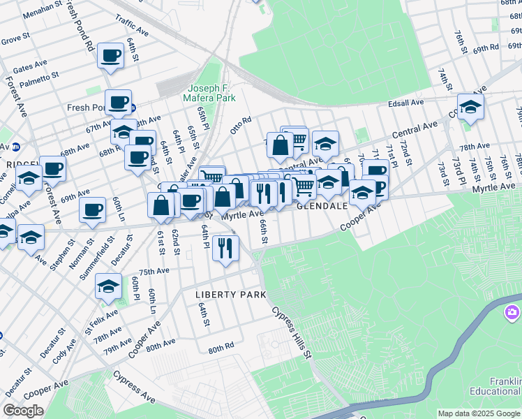 map of restaurants, bars, coffee shops, grocery stores, and more near 65-58 Myrtle Avenue in Queens