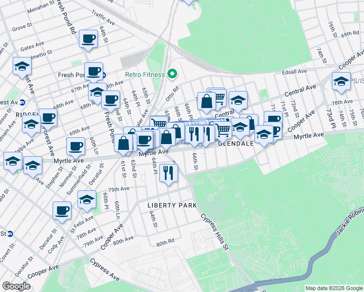 map of restaurants, bars, coffee shops, grocery stores, and more near 65-58 Myrtle Avenue in Queens