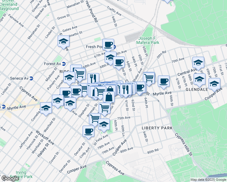 map of restaurants, bars, coffee shops, grocery stores, and more near 60-63 Myrtle Avenue in Queens