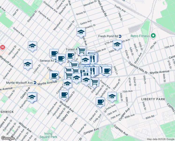 map of restaurants, bars, coffee shops, grocery stores, and more near 927 Onderdonk Avenue in Queens