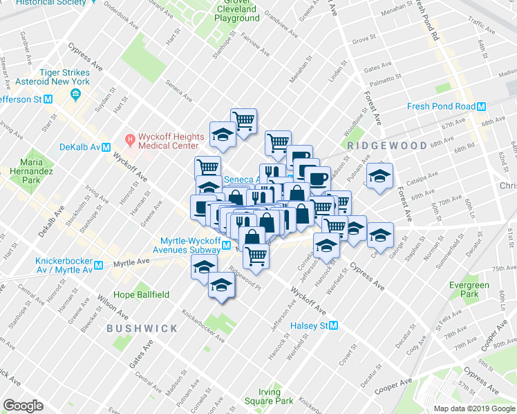 map of restaurants, bars, coffee shops, grocery stores, and more near 1645 Palmetto Street in Queens