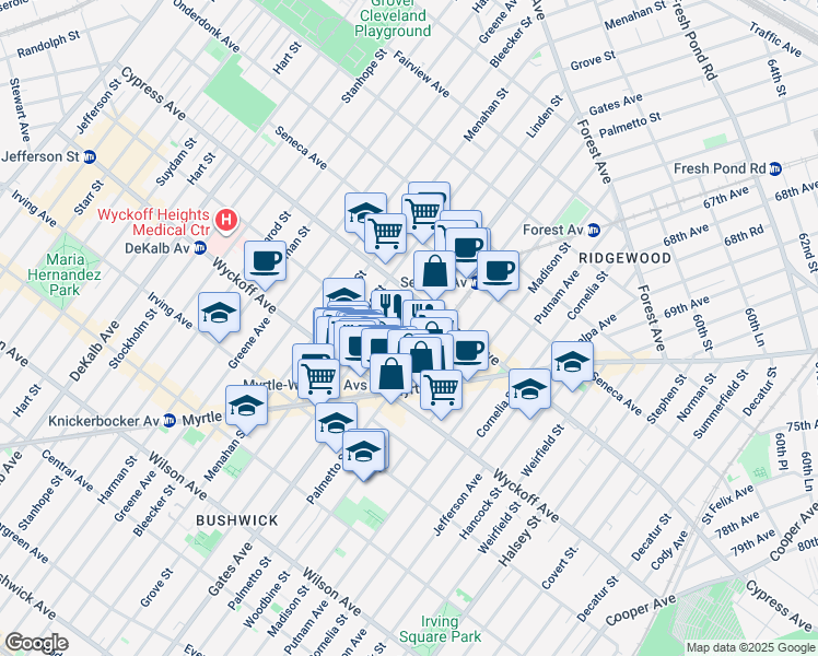map of restaurants, bars, coffee shops, grocery stores, and more near 310 Saint Nicholas Avenue in Brooklyn