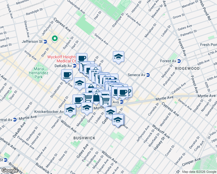 map of restaurants, bars, coffee shops, grocery stores, and more near in Brooklyn