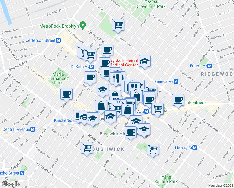 map of restaurants, bars, coffee shops, grocery stores, and more near 337 Bleecker Street in Brooklyn