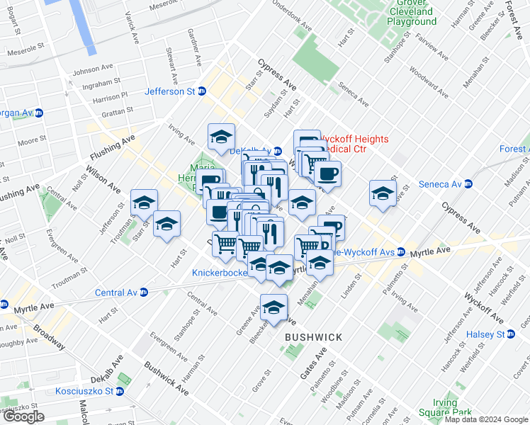 map of restaurants, bars, coffee shops, grocery stores, and more near 234B Stanhope Street in Brooklyn