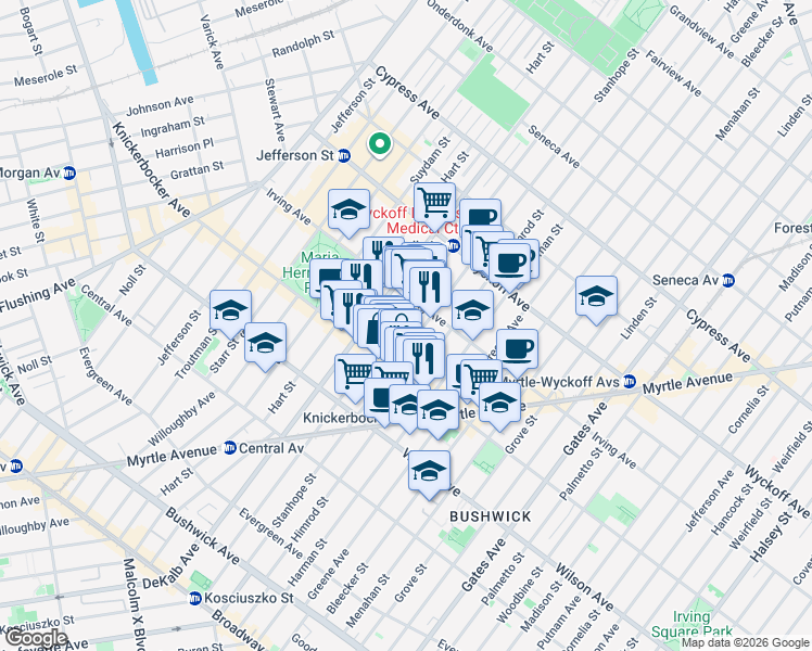 map of restaurants, bars, coffee shops, grocery stores, and more near 234B Stanhope Street in Brooklyn
