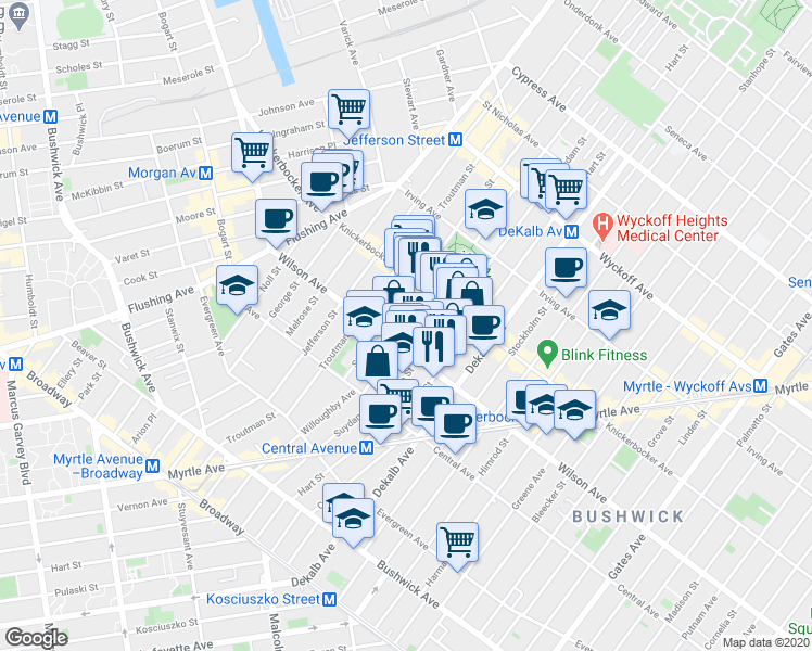 map of restaurants, bars, coffee shops, grocery stores, and more near in Brooklyn