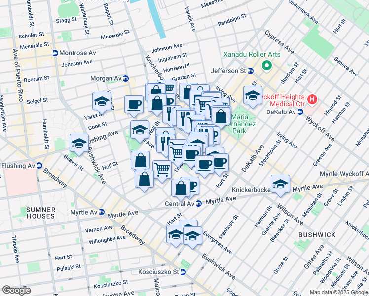 map of restaurants, bars, coffee shops, grocery stores, and more near 174 Jefferson Street in Brooklyn