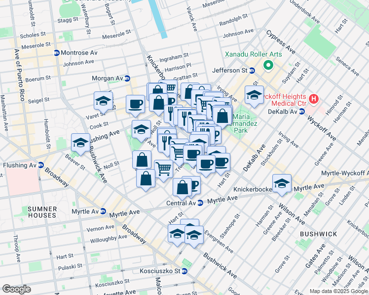 map of restaurants, bars, coffee shops, grocery stores, and more near 174 Jefferson Street in Brooklyn